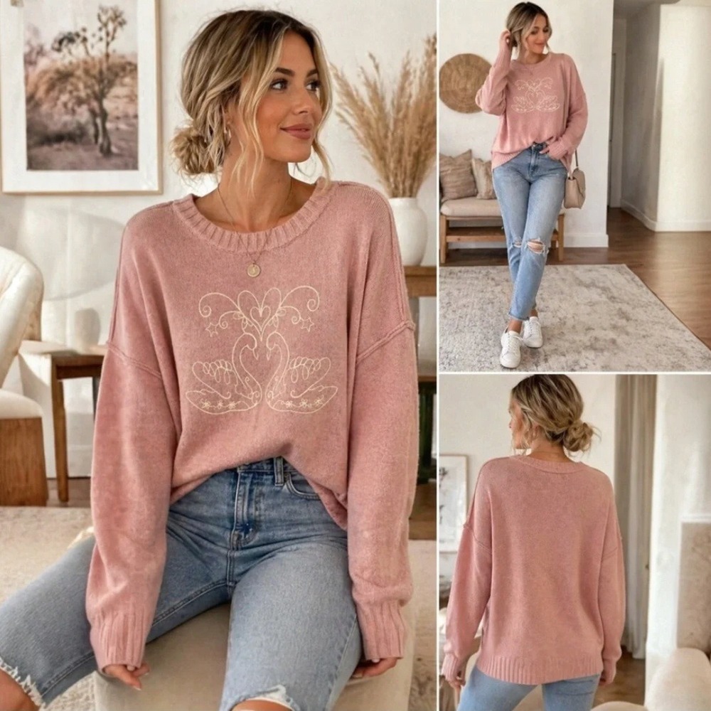 Haute Hippie Coquette Pink Swan Heart Embroidered Knit Sweater Size Medium